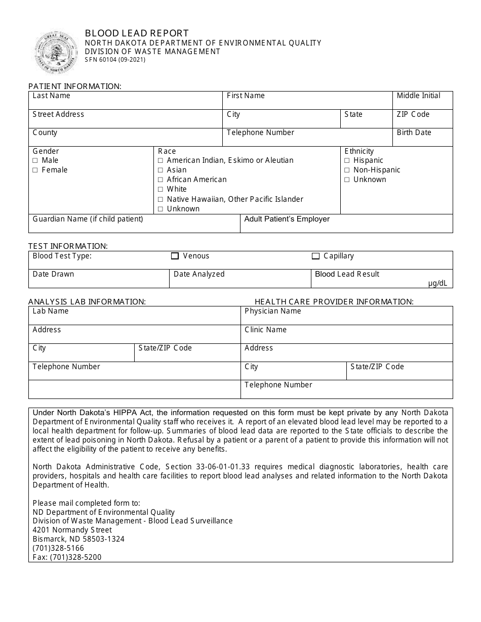 Form SFN60104 Blood Lead Report - North Dakota, Page 1