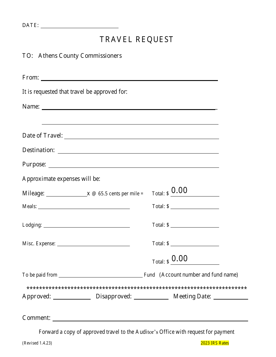 Athens County, Ohio Travel Request Fill Out, Sign Online and Download