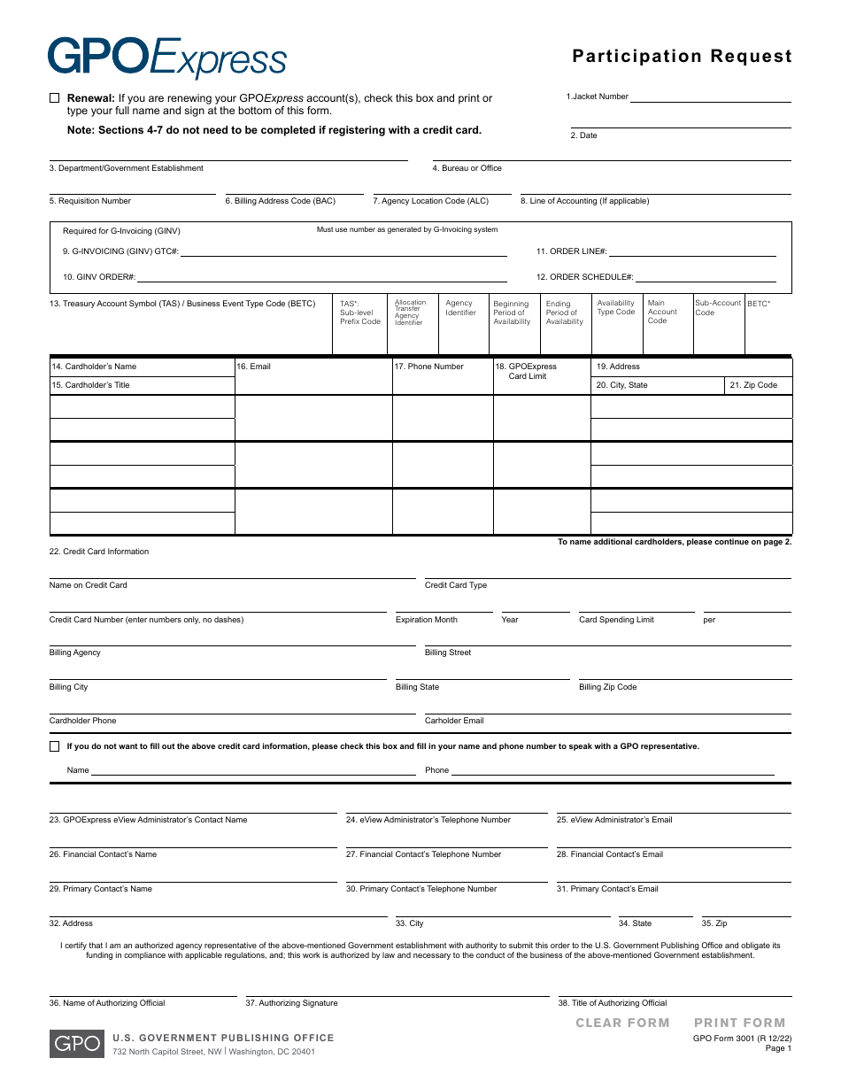 GPO Form 3001 Participation Request, Page 1