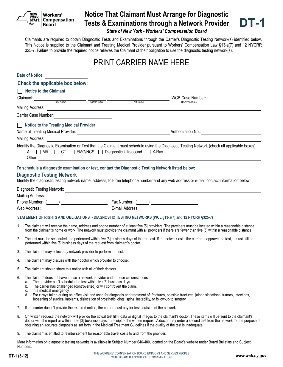 Form DT-1 Notice That Claimant Must Arrange for Diagnostic Tests  Examinations Through a Network Provider - New York, Page 1