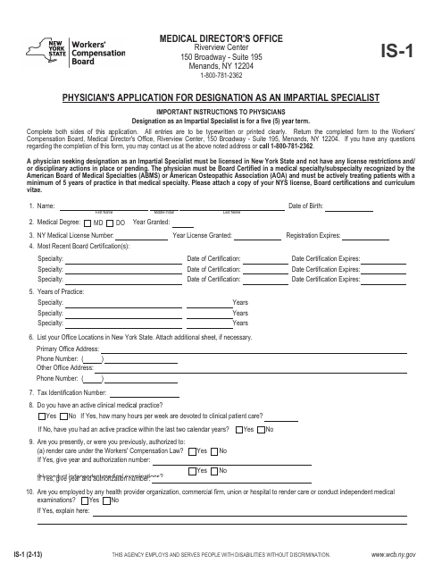 Form IS-1 Physician's Application for Designation as an Impartial Specialist - New York