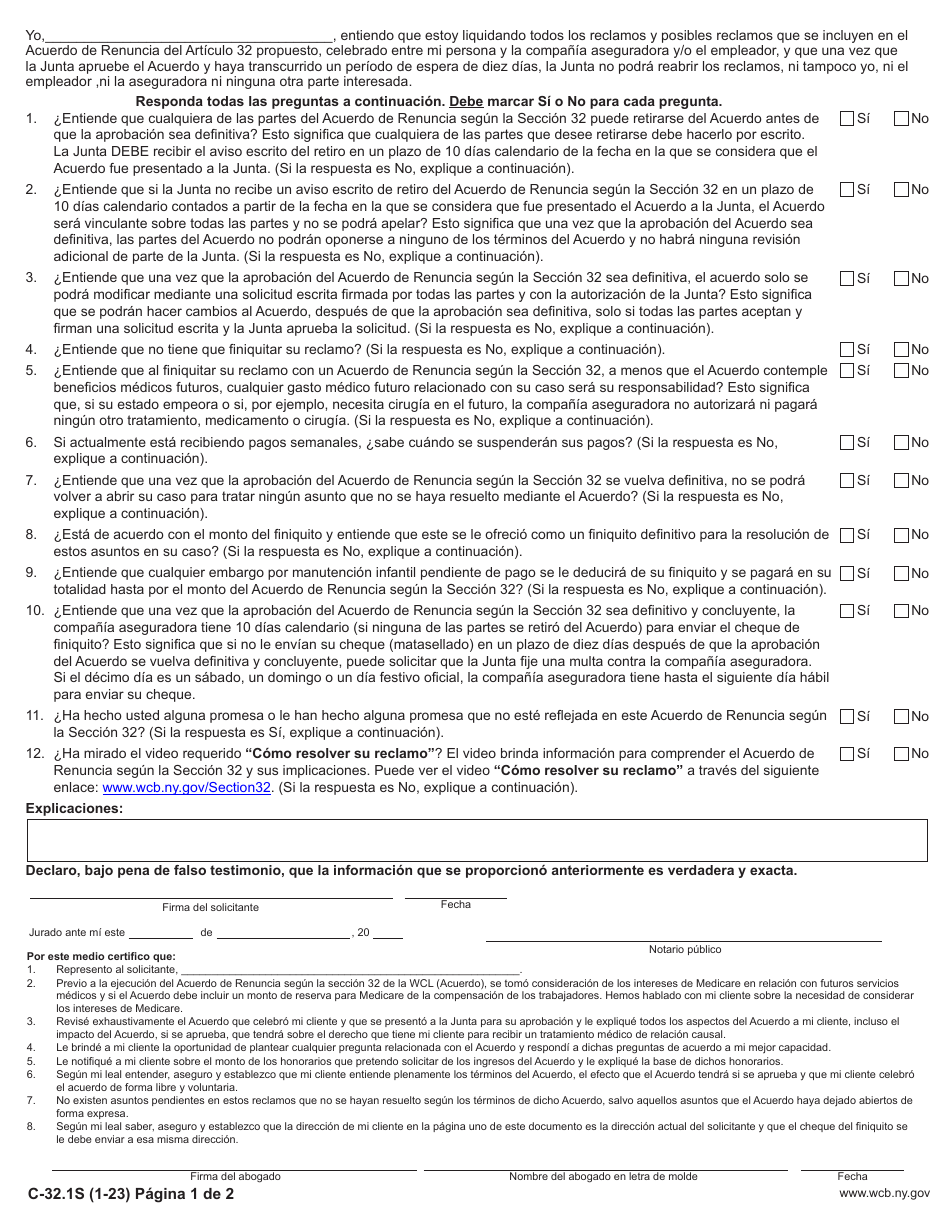 Formulario C-32.1 Acuerdo De Renuncia Segun La Seccion 32: Descargo De Responsabilidad Del Solicitante - New York (Spanish), Page 2