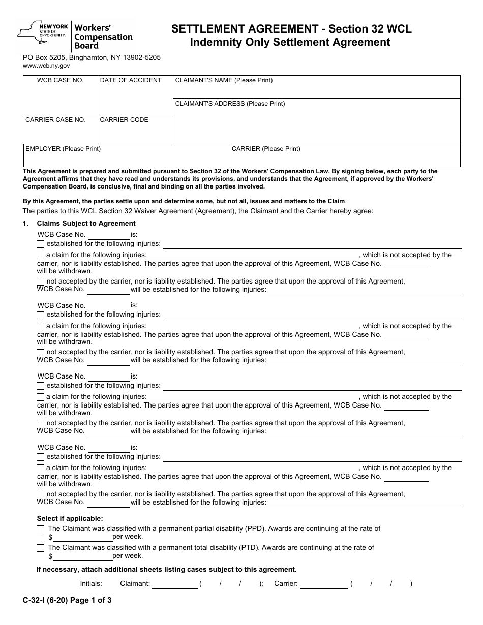 Form C-32-I Settlement Agreement - Section 32 Wcl Indemnity Only Settlement Agreement - New York, Page 1