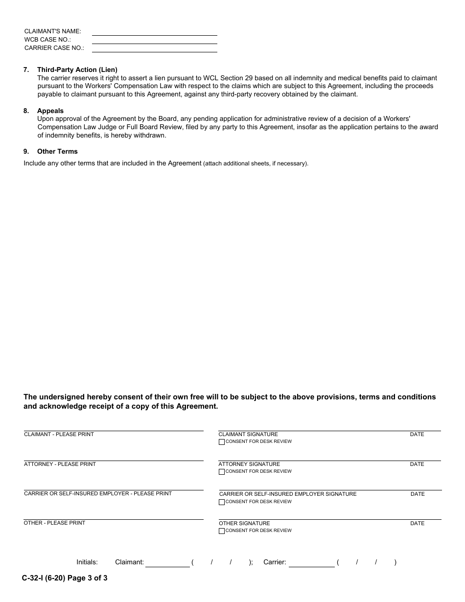 Form C-32-I Settlement Agreement - Section 32 Wcl Indemnity Only Settlement Agreement - New York, Page 3