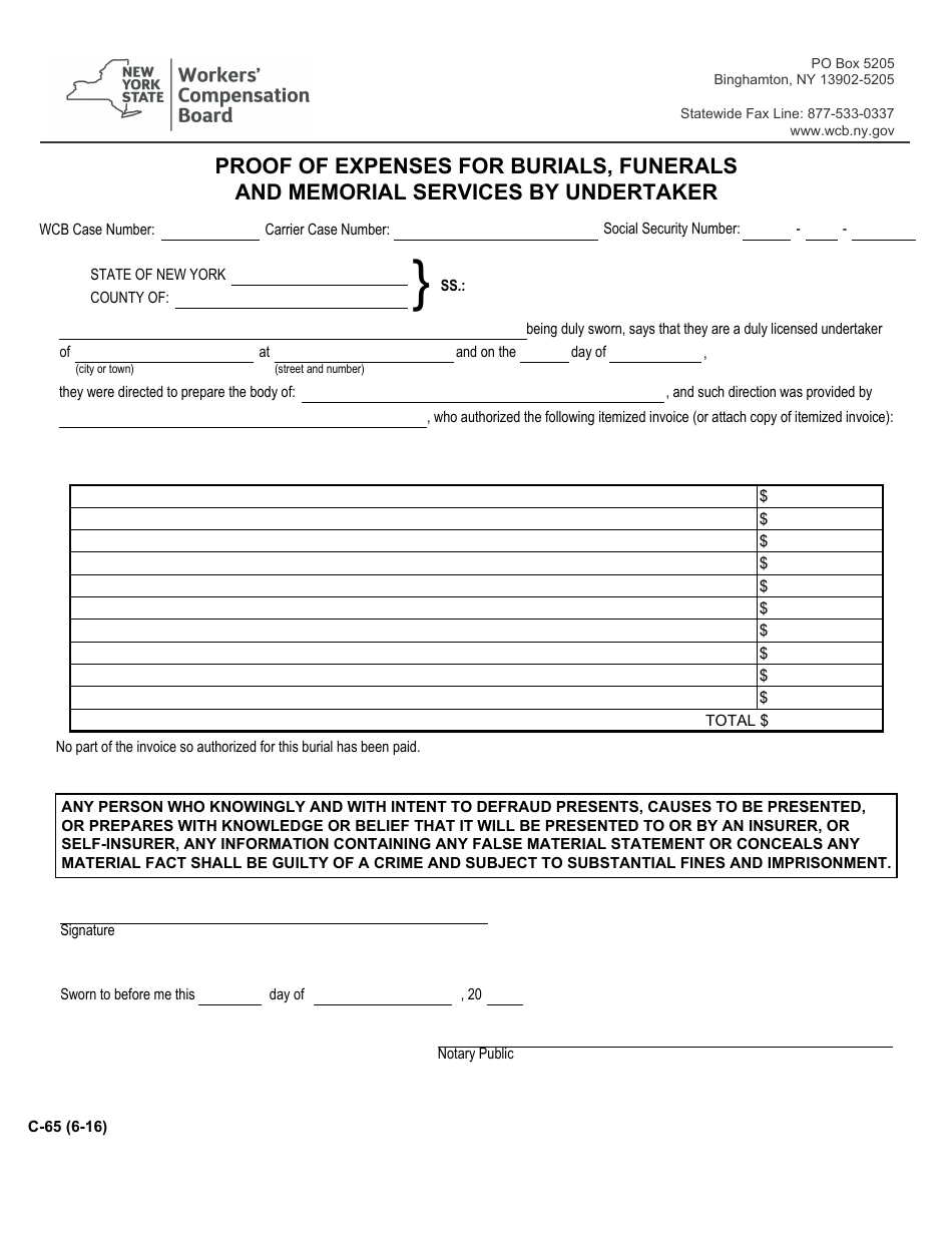 Form C-65 Proof of Expenses for Burials, Funerals and Memorial Services by Undertaker - New York, Page 1