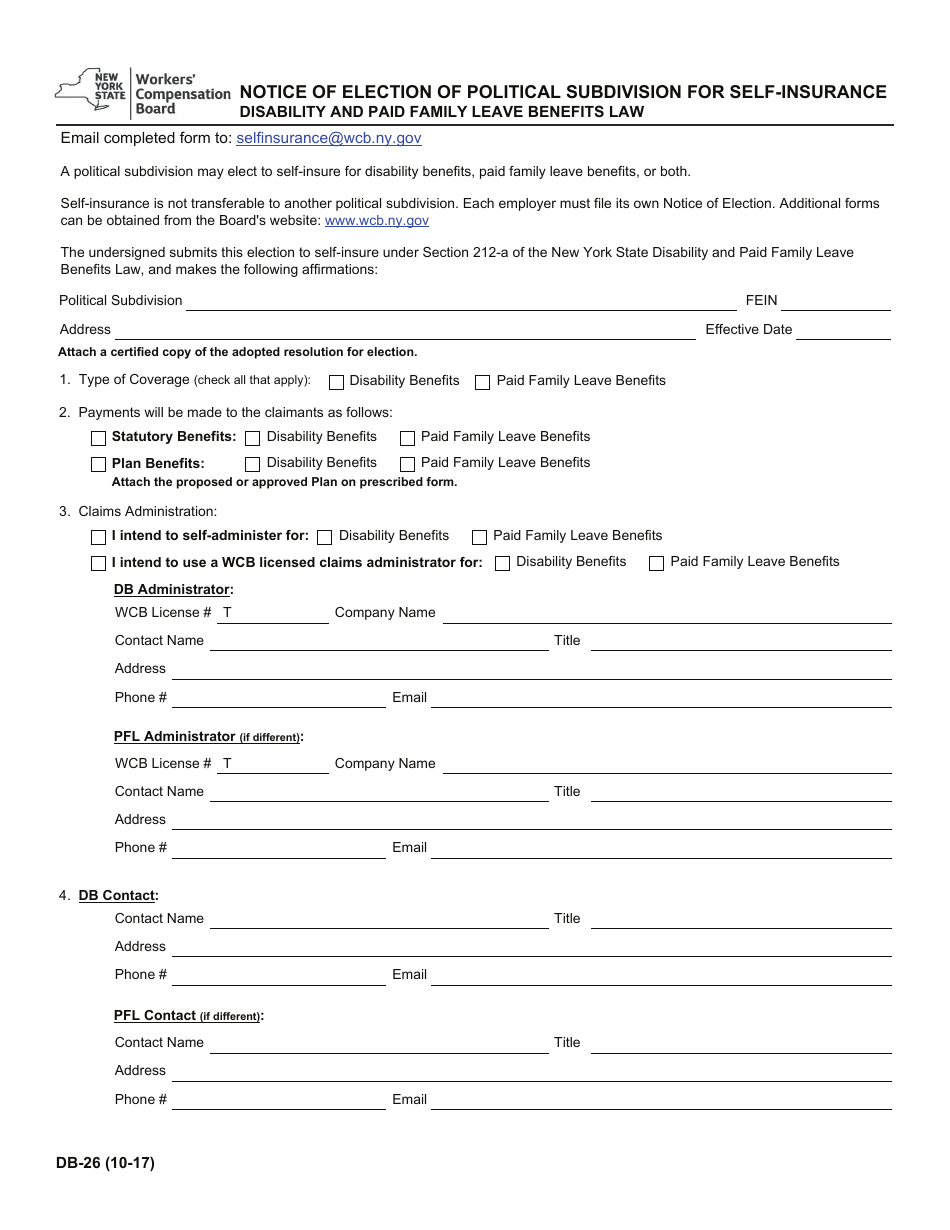 Form DB-26 Notice of Election of Political Subdivision for Self-insurance - New York, Page 1