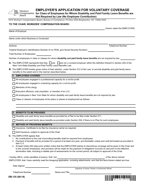 Form DB-135 Employer's Application for Voluntary Coverage for Class of Employees for Whom Disability and Paid Family Leave Benefits Are Not Required by Law (No Employee Contribution) - New York