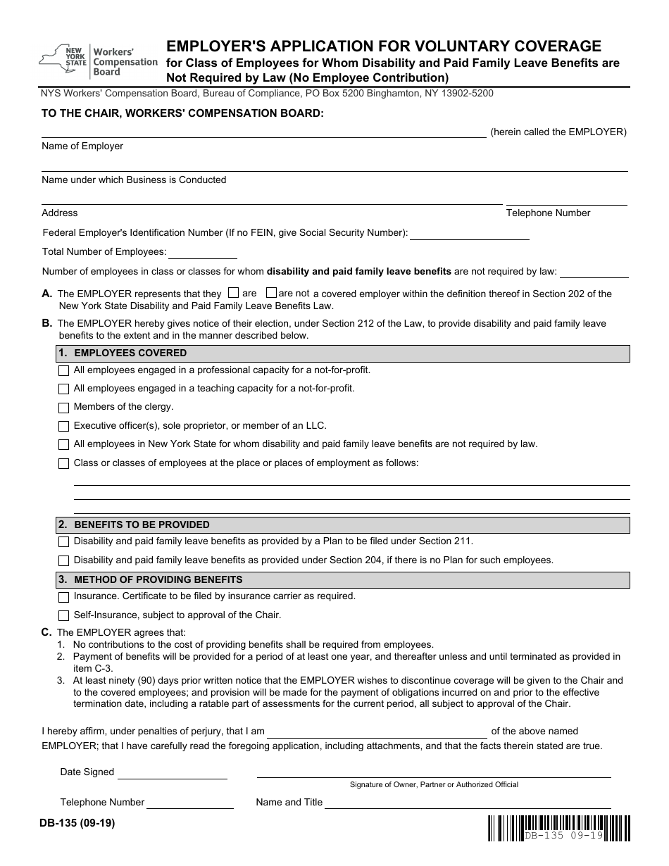 Form DB-135 Employers Application for Voluntary Coverage for Class of Employees for Whom Disability and Paid Family Leave Benefits Are Not Required by Law (No Employee Contribution) - New York, Page 1