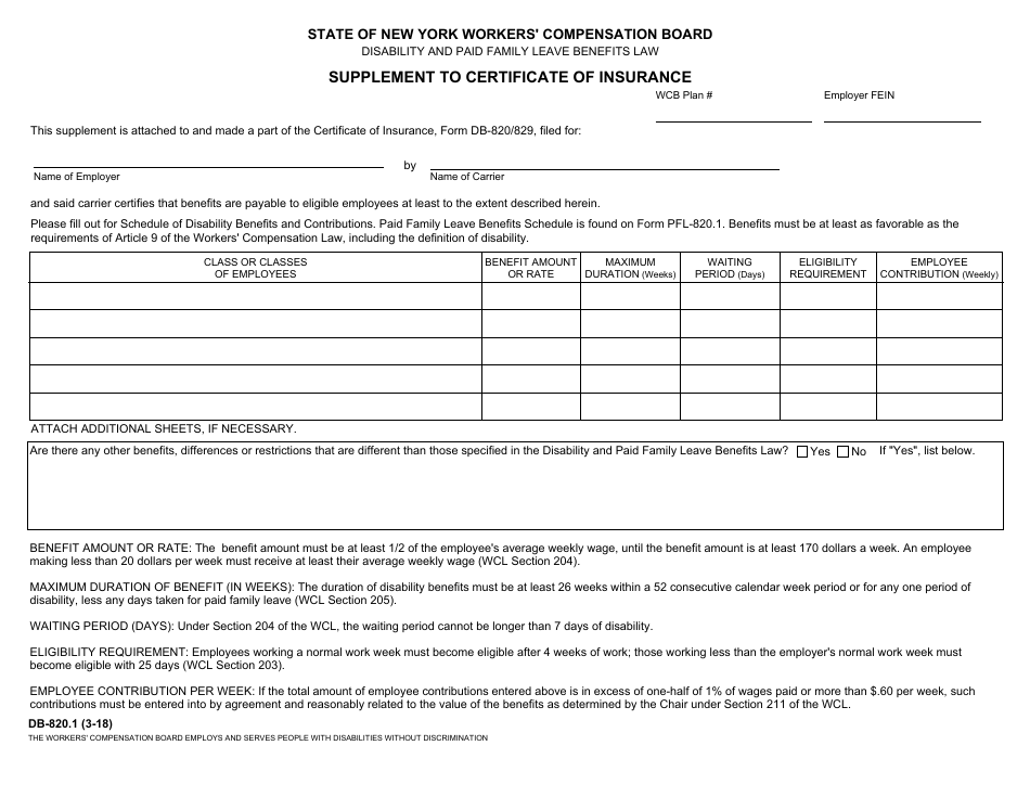 Form DB-820.1 Supplement to Certificate of Insurance - New York, Page 1