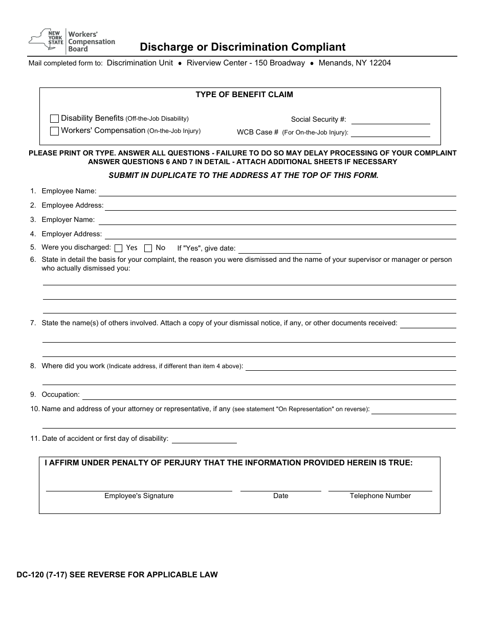 Form DC-120 Discharge or Discrimination Compliant - New York, Page 1
