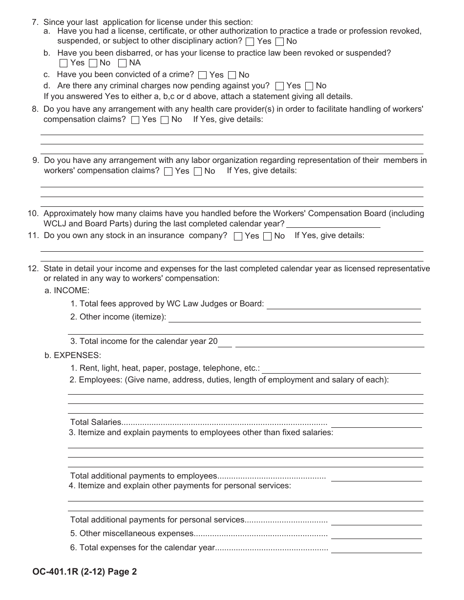 Form OC-401.1R Renewal Application for License to Appear on Behalf of Claimant - New York, Page 2