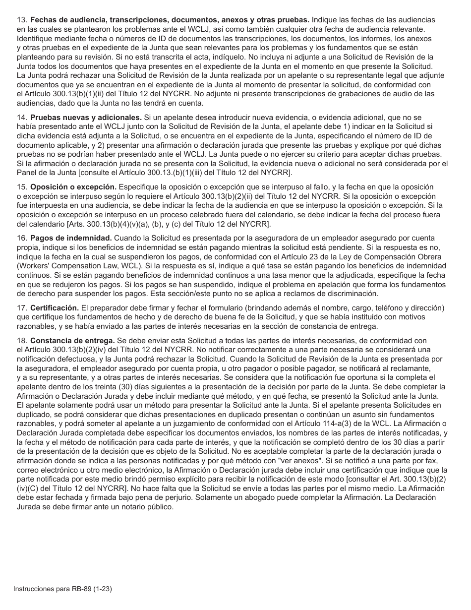 Formulario RB-89 Solicitud De Revision De La Junta - New York (Spanish), Page 2