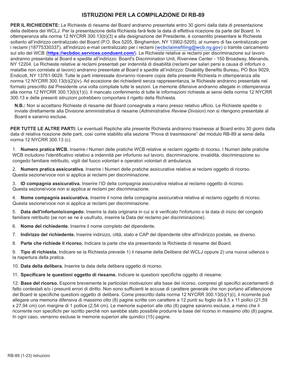 Form RB-89 Application for Board Review - New York (Italian), Page 1
