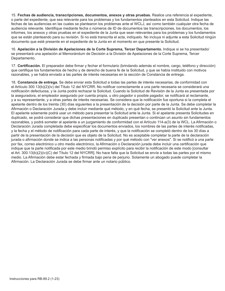 Formulario RB-89.2 Solicitud De Reconsideracion / Revision De La Junta Completa - New York (Spanish), Page 2