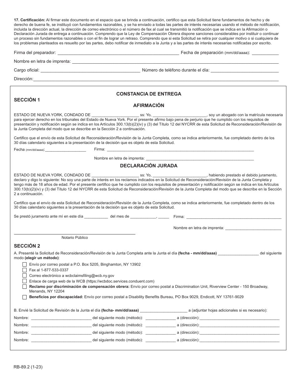 Formulario RB-89.2 Solicitud De Reconsideracion / Revision De La Junta Completa - New York (Spanish), Page 4