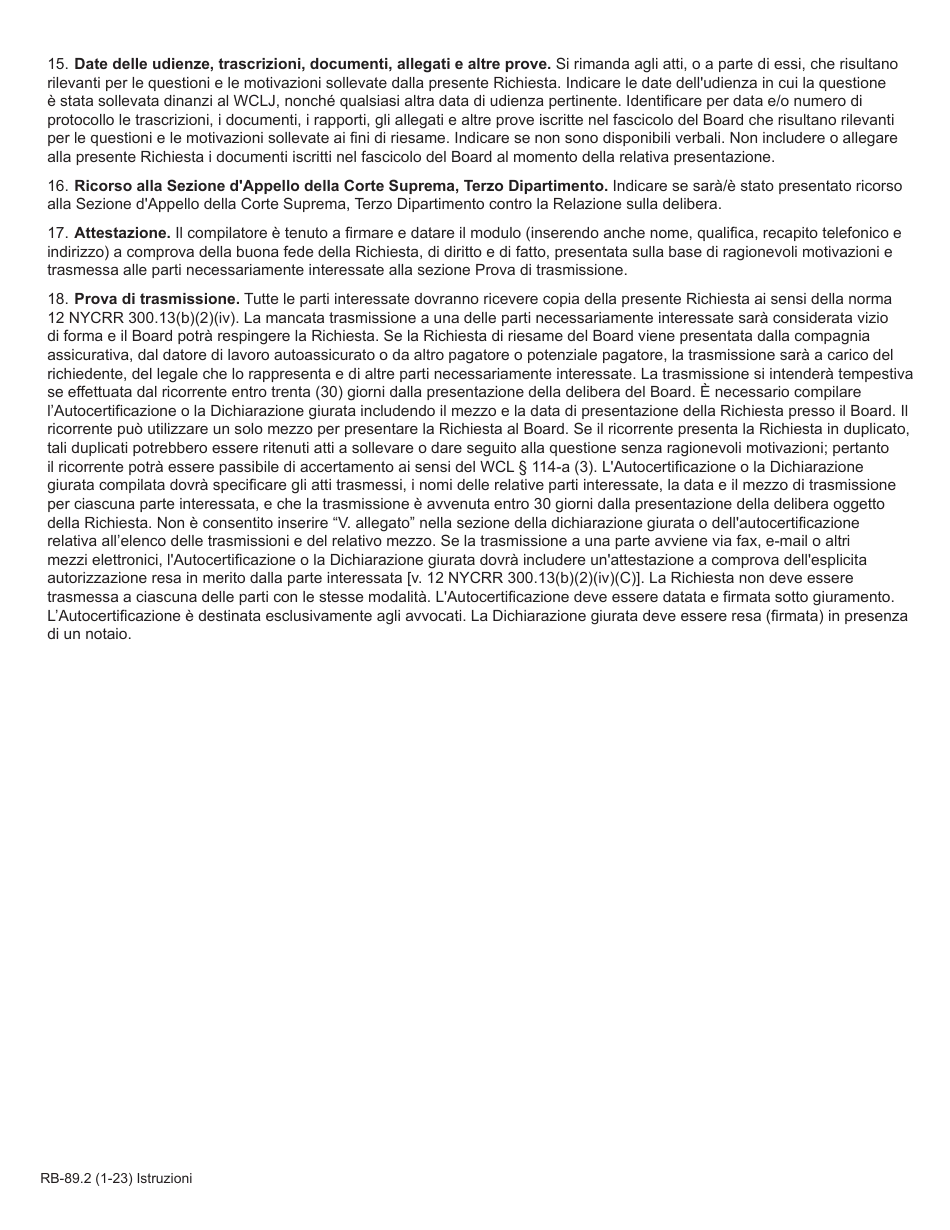 Form RB-89.2 Application for Reconsideration / Full Board Review - New York (Italian), Page 2