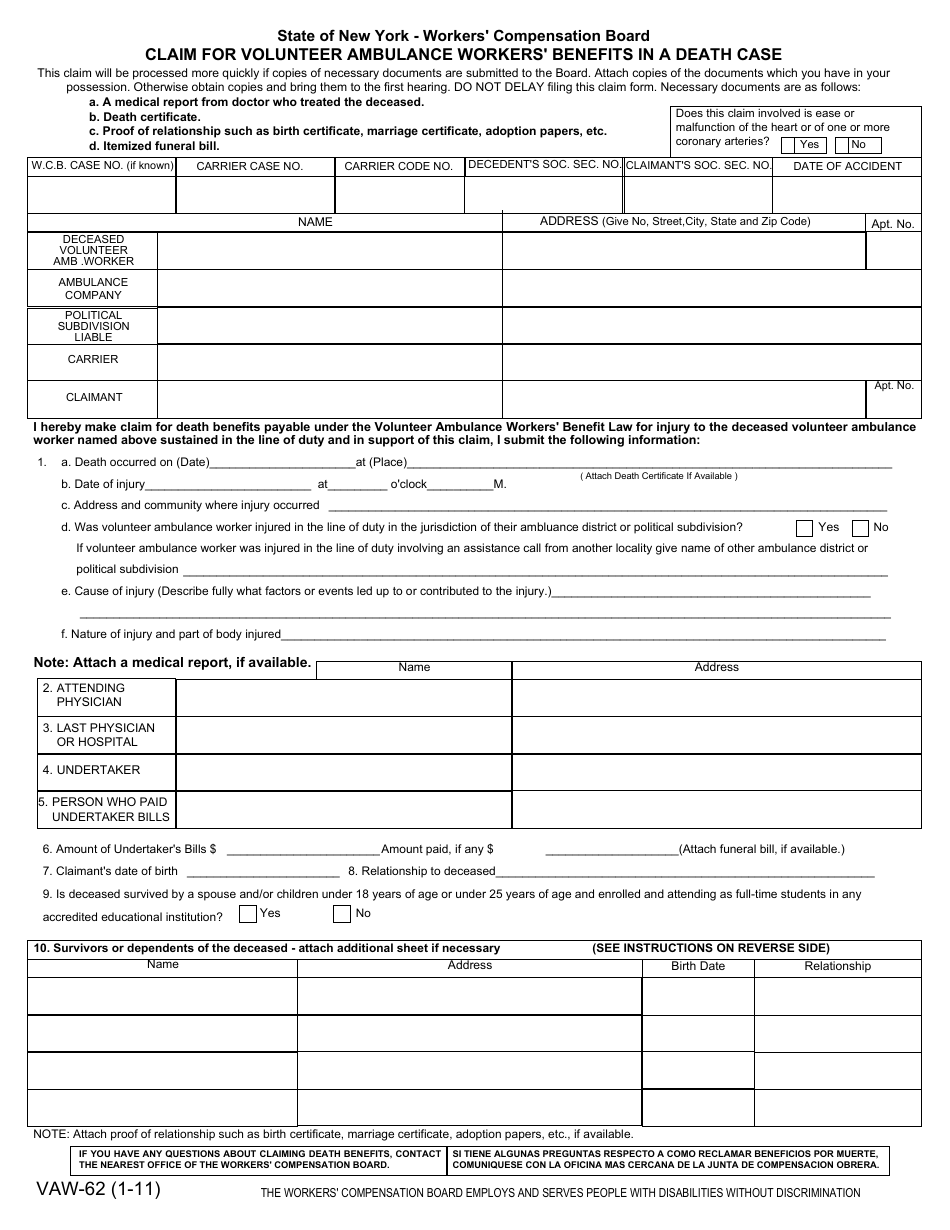 Form VAW-62 Claim for Volunteer Ambulance Workers Benefits in a Death Case - New York, Page 1