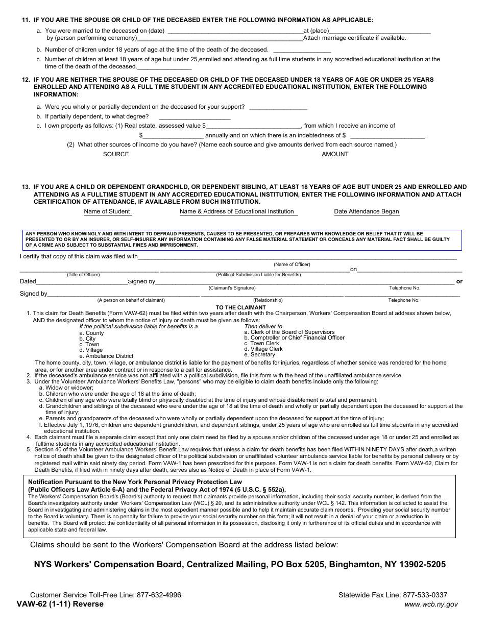 Form VAW-62 Claim for Volunteer Ambulance Workers Benefits in a Death Case - New York, Page 2