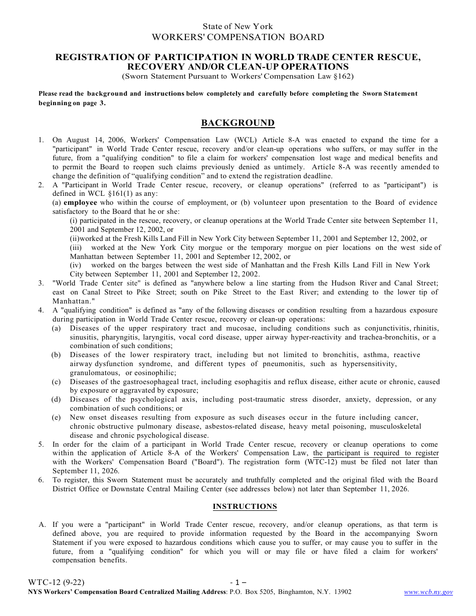 Form WTC-12 Registration of Participation in World Trade Center Rescue, Recovery and / or Clean-Up Operations - New York, Page 1