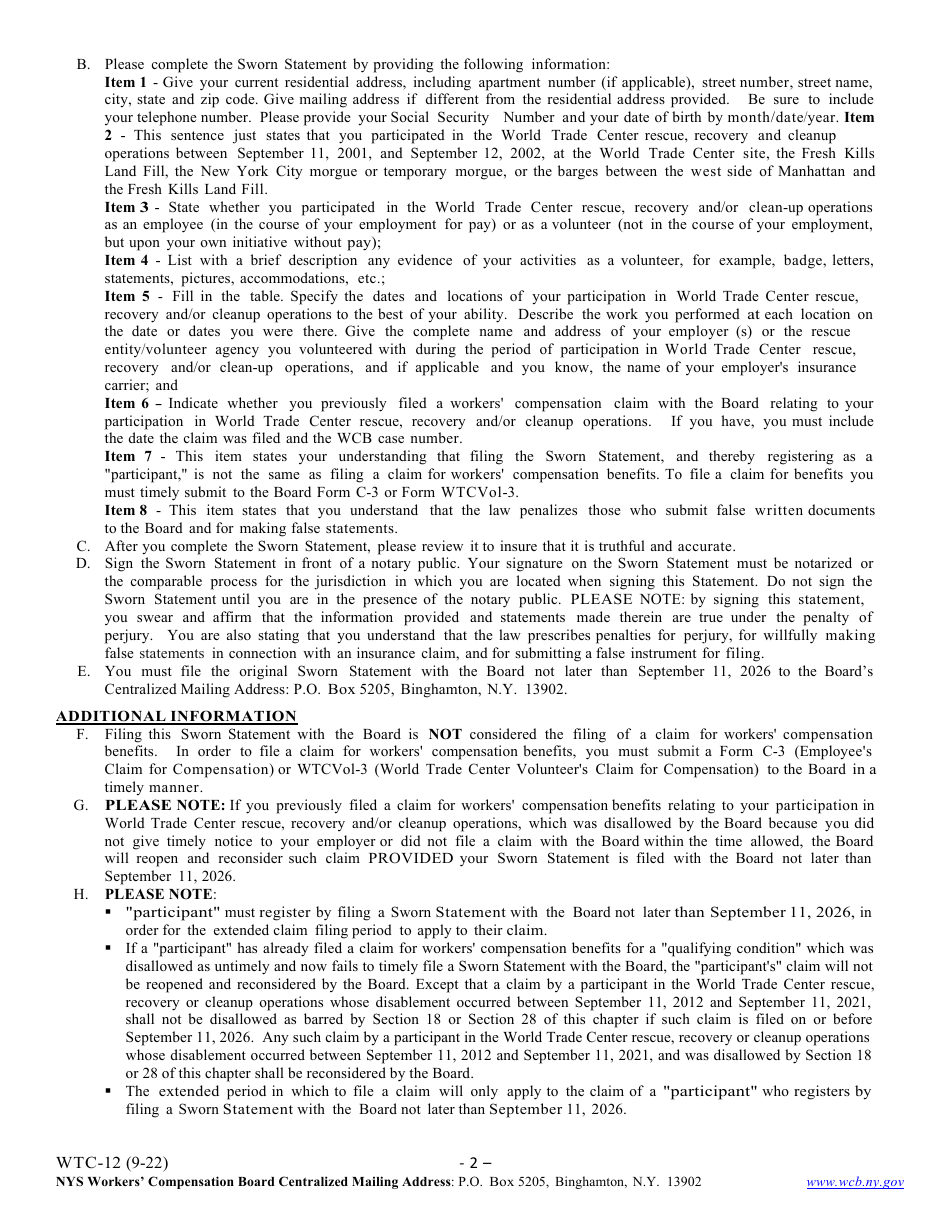 Form WTC-12 Registration of Participation in World Trade Center Rescue, Recovery and / or Clean-Up Operations - New York, Page 2