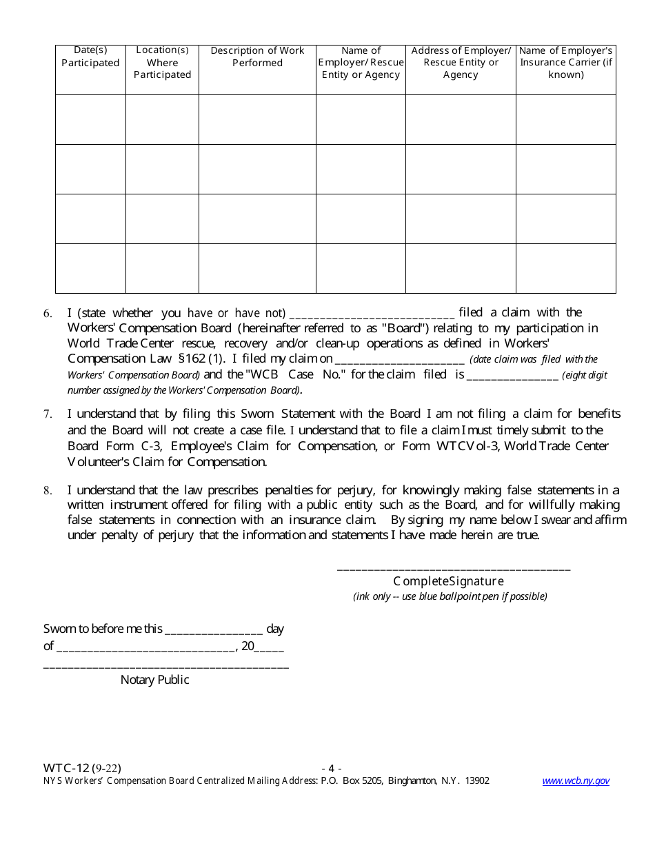 Form WTC-12 Registration of Participation in World Trade Center Rescue, Recovery and / or Clean-Up Operations - New York, Page 4