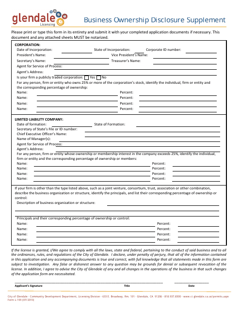 Form L-109 Business Ownership Disclosure Supplement - City of Glendale, California