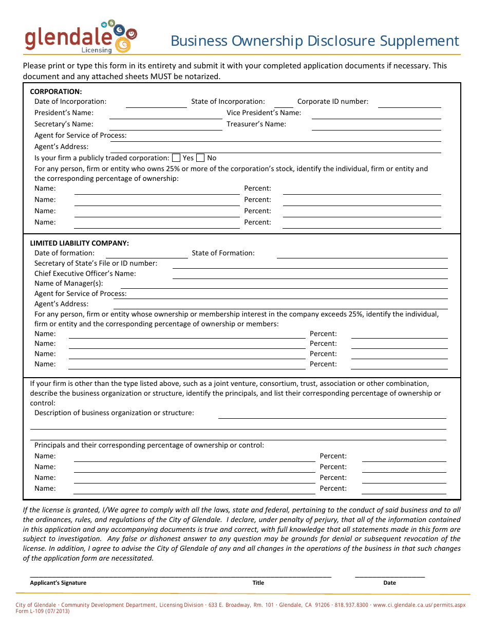 Form L-109 Business Ownership Disclosure Supplement - City of Glendale, California, Page 1