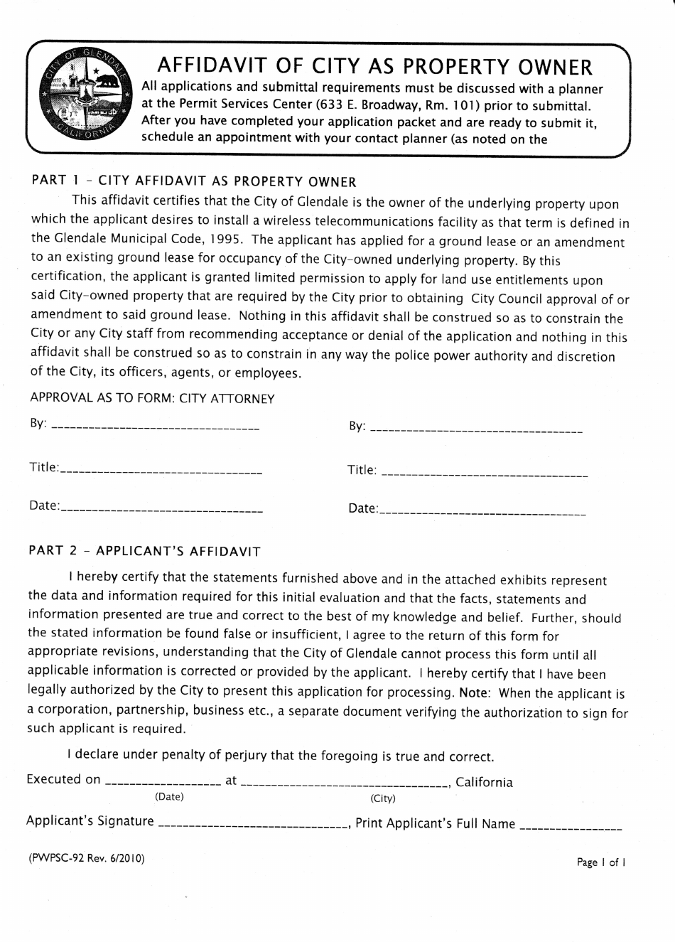 Form PWPSC-92 Affidavit of City as Property Owner - City of Glendale, California, Page 1