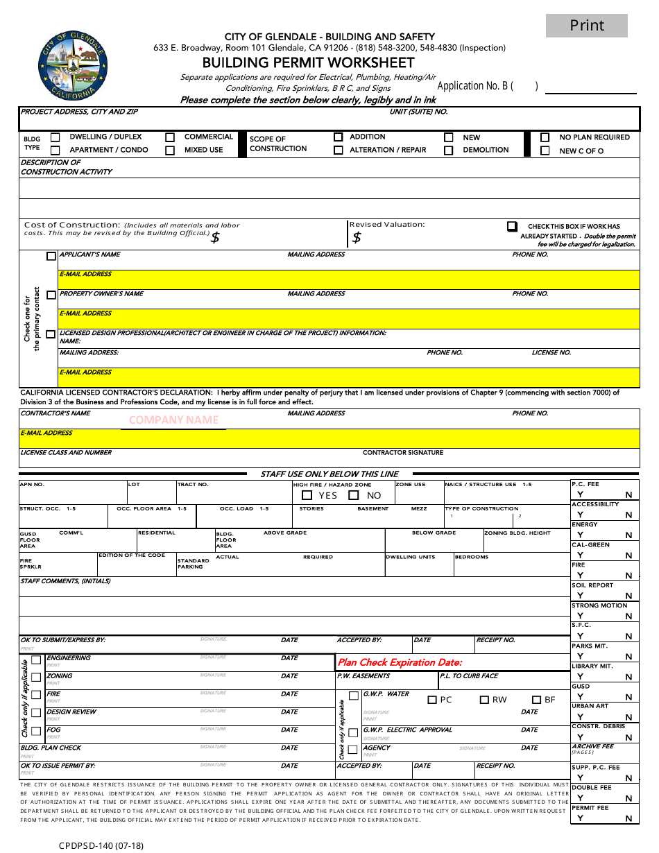 Form CPDPSD-140 Building Permit Worksheet - City of Glendale, California, Page 1