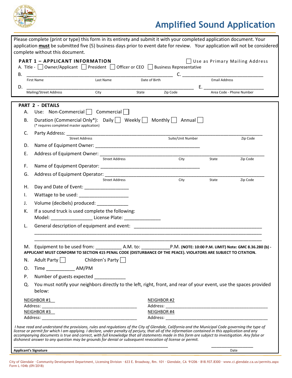 Form L-104B Amplified Sound Application - City of Glendale, California, Page 1