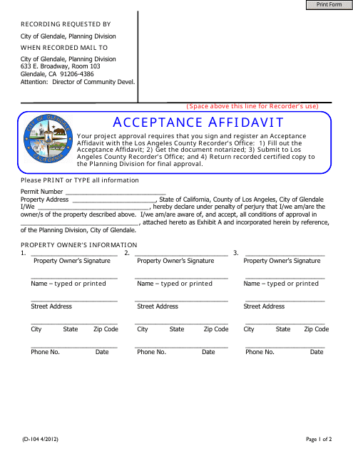 Form D-104 Acceptance Affidavit - City of Glendale, California