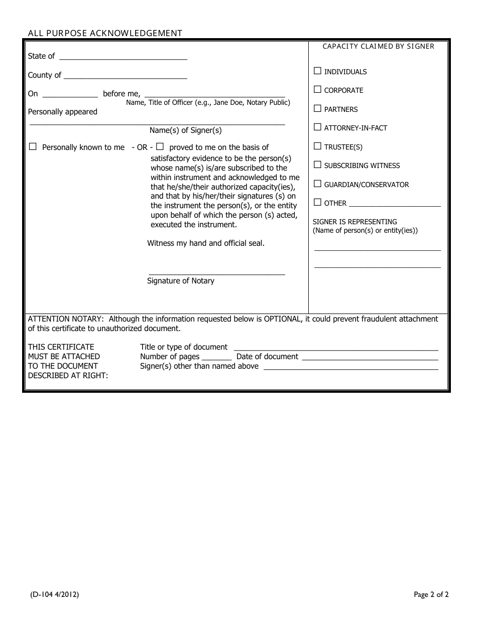 Form D-104 Acceptance Affidavit - City of Glendale, California, Page 2