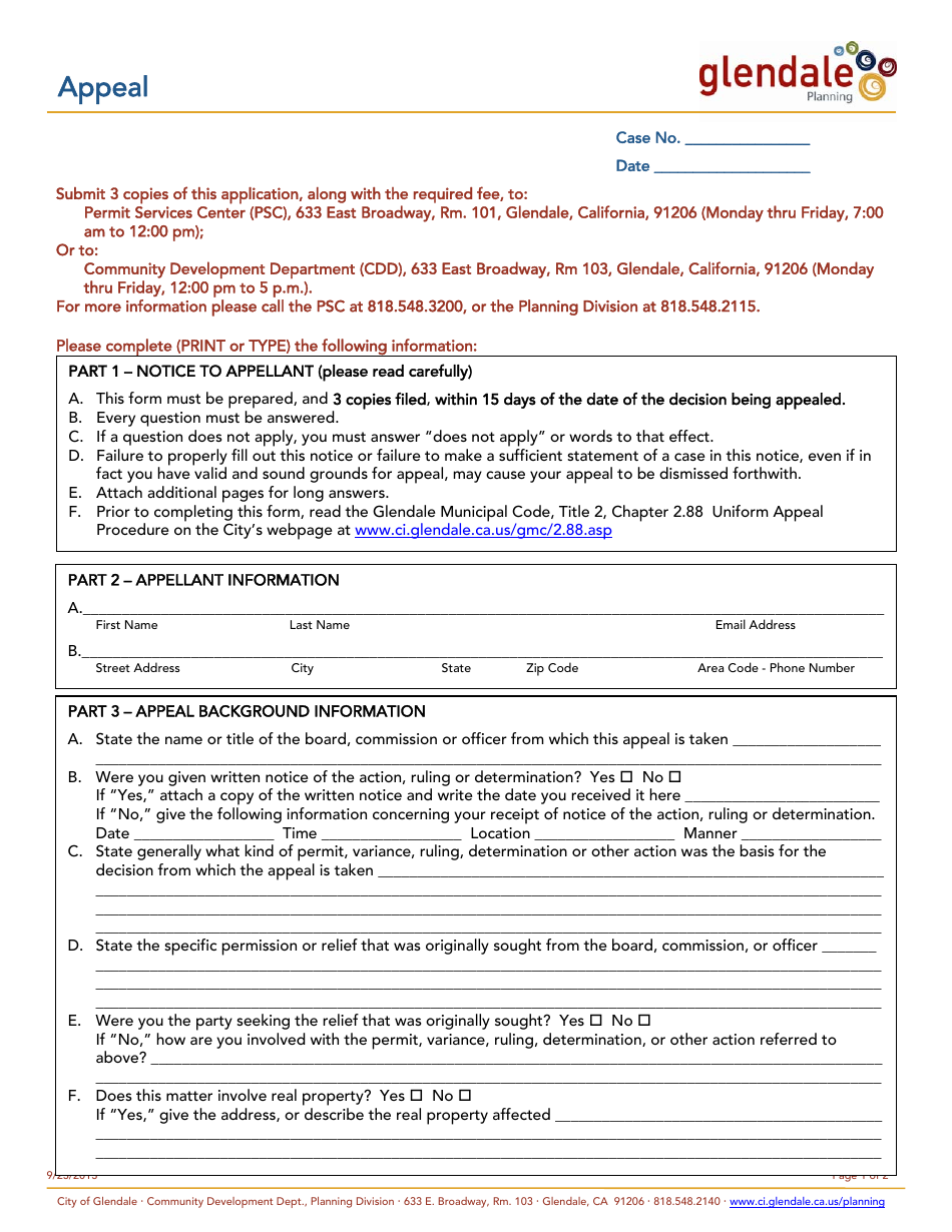 City of Glendale, California Appeal Application (Planning) - Fill Out ...