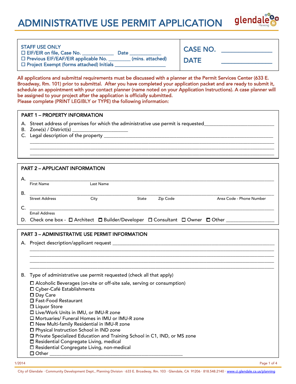 Administrative Use Permit Application - City of Glendale, California, Page 1