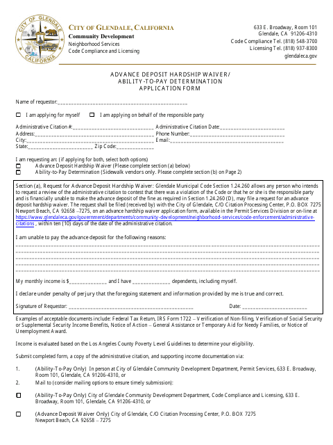 Advance Deposit Hardship Waiver / Ability-To-Pay Determination Application Form - City of Glendale, California Download Pdf