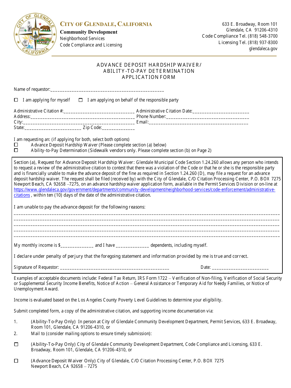 City of Glendale, California Advance Deposit Hardship Waiver/AbilityTo