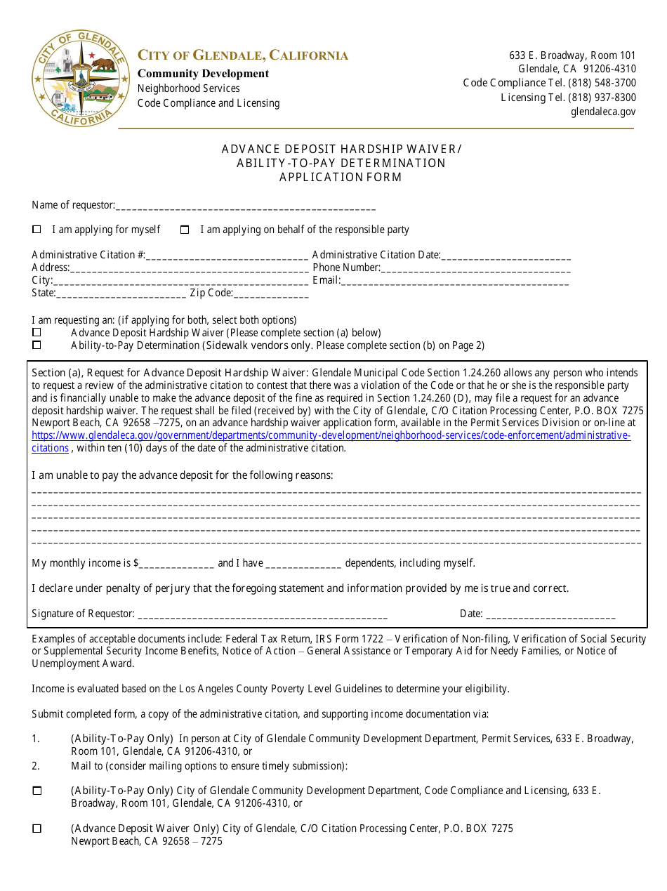 Advance Deposit Hardship Waiver / Ability-To-Pay Determination Application Form - City of Glendale, California, Page 1