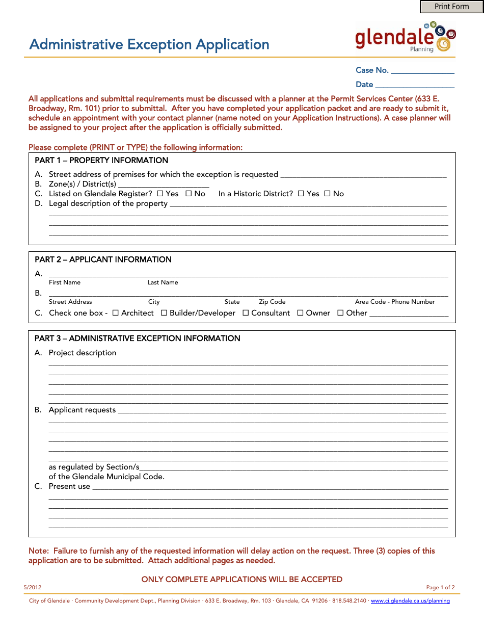 Administrative Exception Application - City of Glendale, California, Page 1