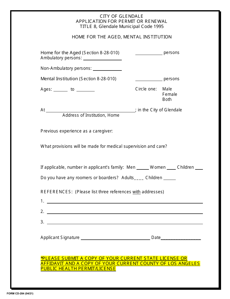Form CD-284 Application for Permit or Renewal - City of Glendale, California, Page 1
