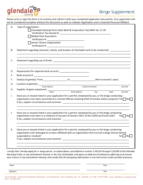 Form L-105 Bingo Supplement Application - City of Glendale, California