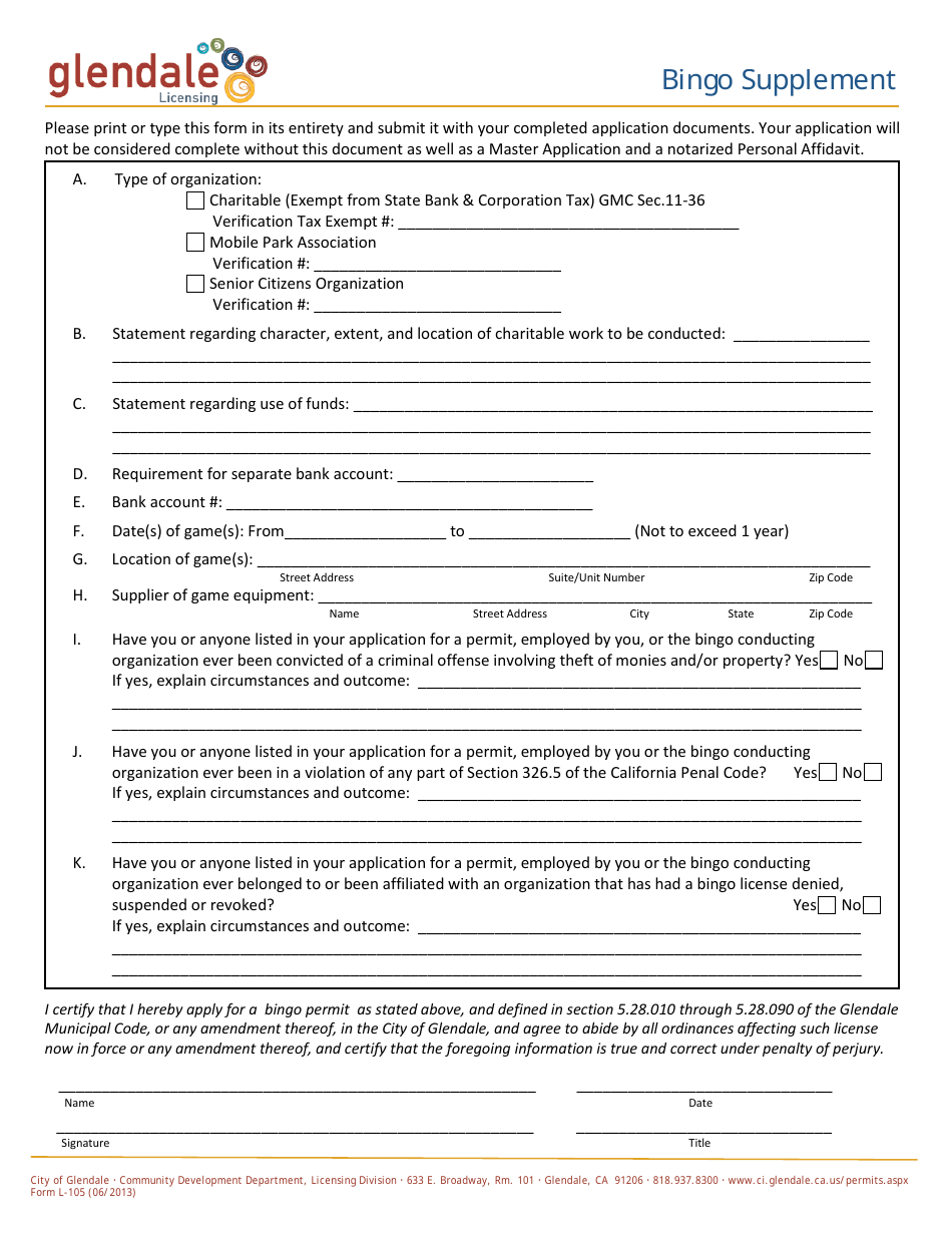 Form L-105 Bingo Supplement Application - City of Glendale, California, Page 1