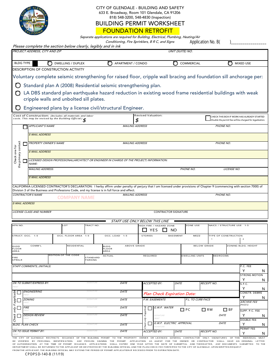 Form CPDPSD-140-B Building Permit Worksheet - Foundation Retrofit - City of Glendale, California, Page 1