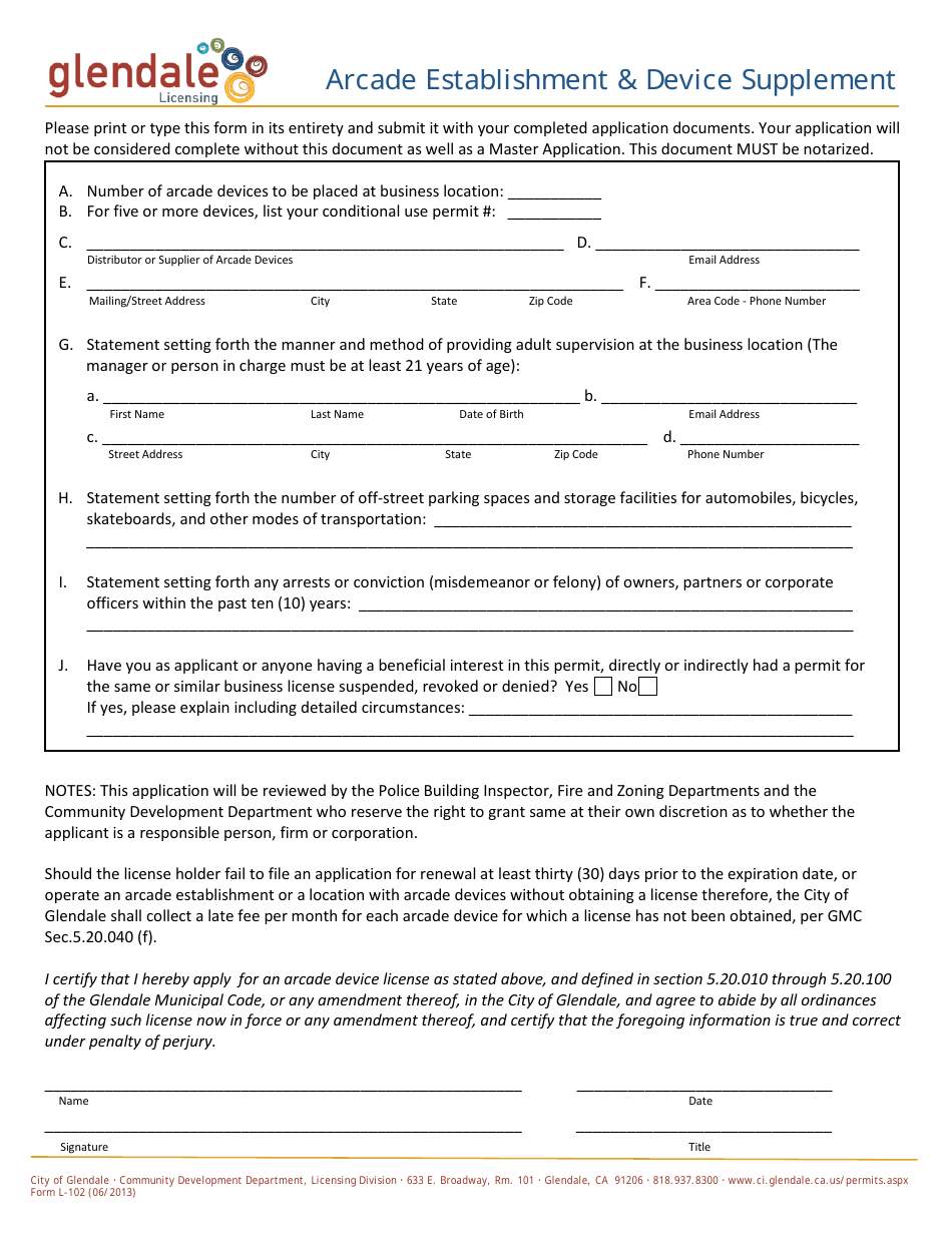 Form L-102 Arcade Establishment  Device Supplement - City of Glendale, California, Page 1