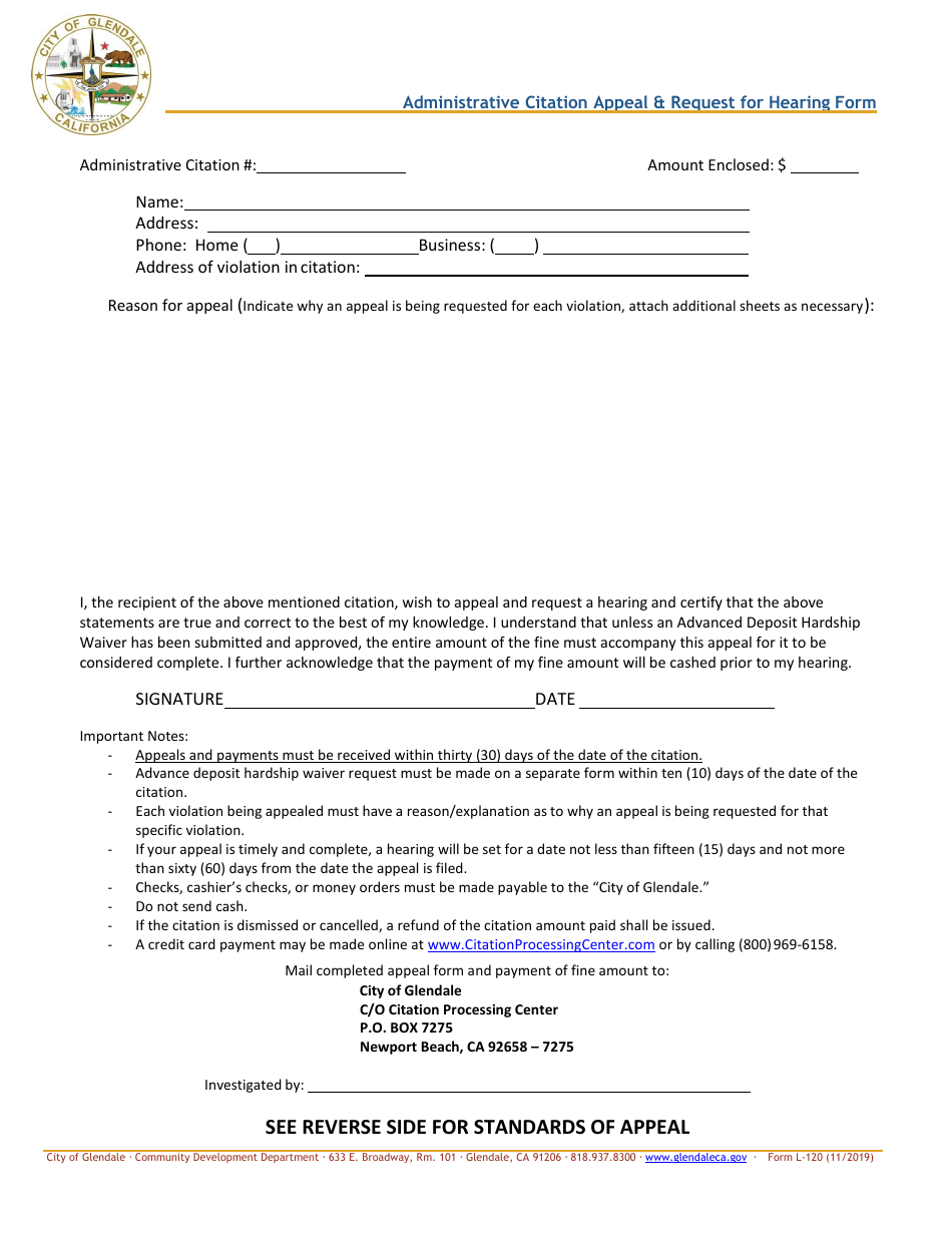 Form L-120 Administrative Citation Appeal  Request for Hearing Form - City of Glendale, California, Page 1