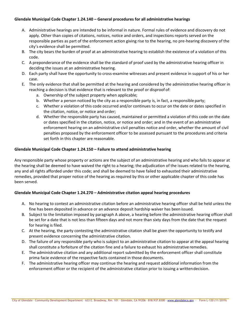 Form L-120 Administrative Citation Appeal  Request for Hearing Form - City of Glendale, California, Page 2