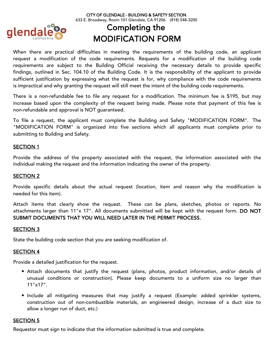 Form PW-PSC-19 Building Modification Form - City of Glendale, California, Page 1