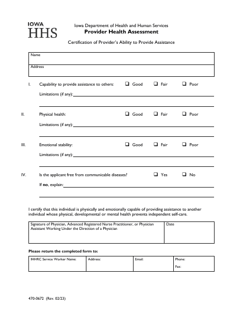 Form 470-0672 Provider Health Assessment - Iowa