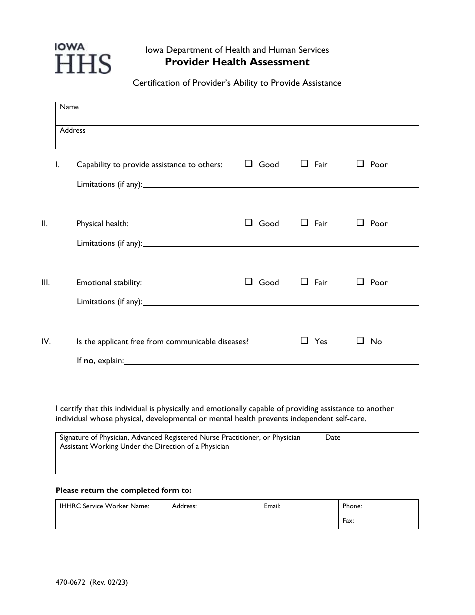 Form 470-0672 Provider Health Assessment - Iowa, Page 1