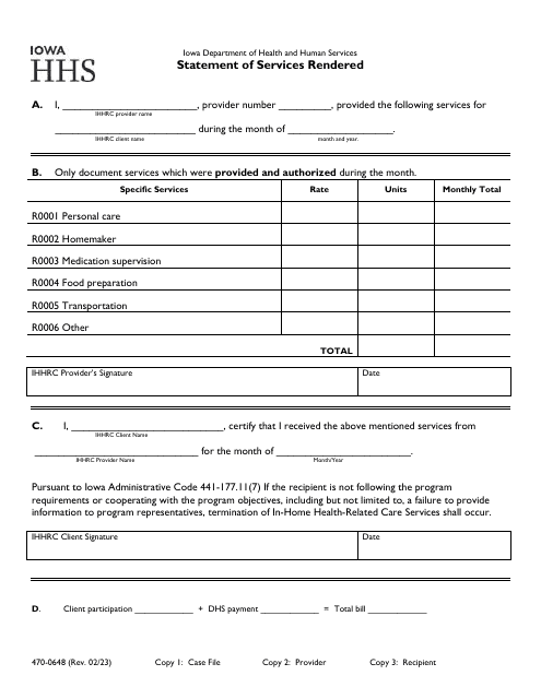 Form 470-0648 Statement of Services Rendered - Iowa
