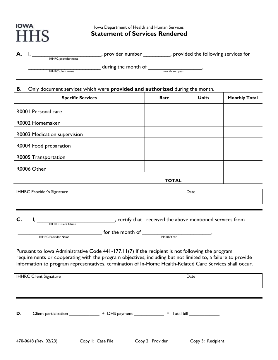 Form 470-0648 Statement of Services Rendered - Iowa, Page 1